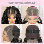 Cap detail display of a wig with measurements and close-up views on a pink background.
