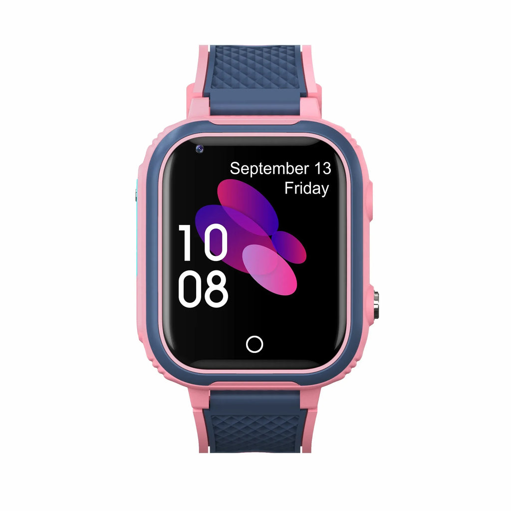 Smartwatch with a blue and pink strap on a white background