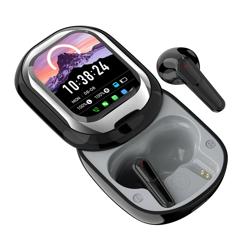 Smartwatch and wireless earbuds in a charging case on a white background