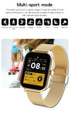 Gold smartwatch with a display showing time and fitness data, against a white background.