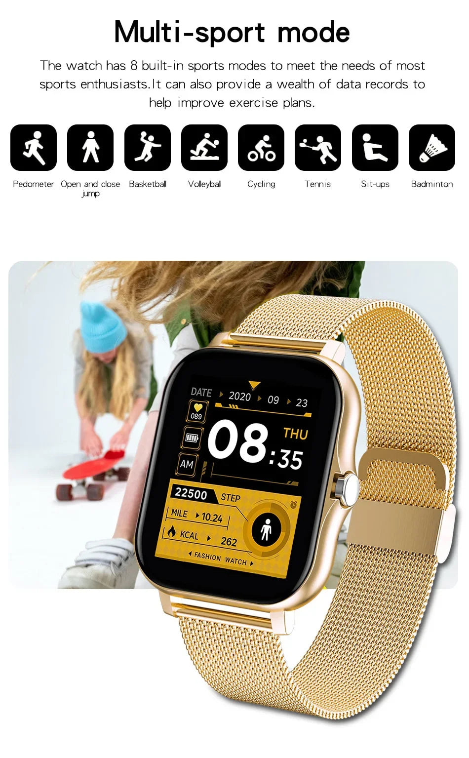 Gold smartwatch with a display showing time and fitness data, against a white background.