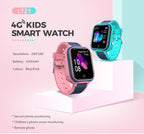 Two 4G Kids Smart Watches, one blue and pink, on a white platform with a pink background.