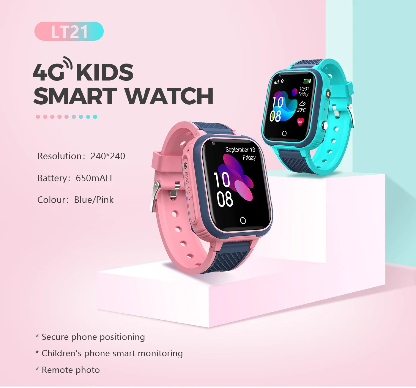 Two 4G Kids Smart Watches, one blue and pink, on a white platform with a pink background.