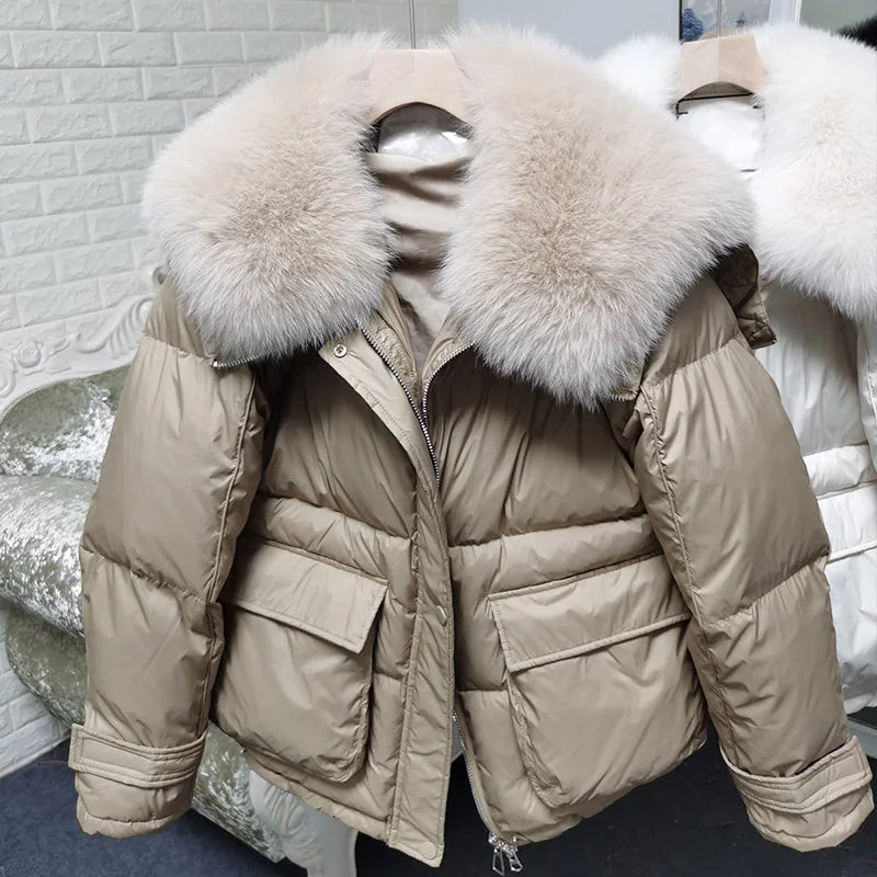 Maomaokong loose Real Fox Fur Collar 2024 White Duck Down Jacket Women Winter Luxury Puffer Coat Oversize Feather Outwear