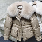 Maomaokong loose Real Fox Fur Collar 2024 White Duck Down Jacket Women Winter Luxury Puffer Coat Oversize Feather Outwear