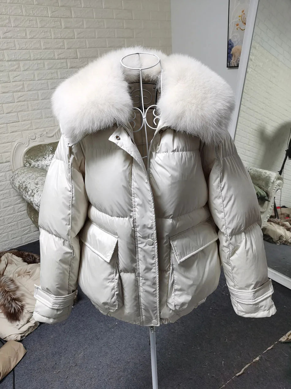Maomaokong loose Real Fox Fur Collar 2024 White Duck Down Jacket Women Winter Luxury Puffer Coat Oversize Feather Outwear