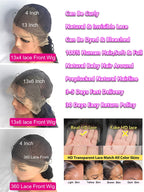Wig display with various lace front wigs and their features listed.