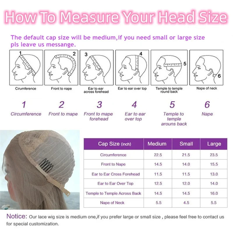 Instructions on how to measure head size for wig cap sizes with illustrations and a table.