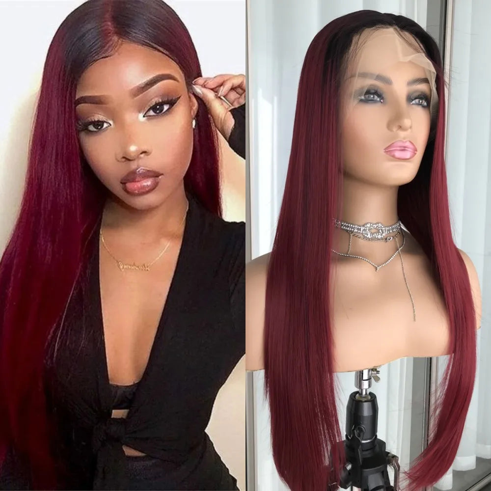 Woman with burgundy wig on a mannequin head.