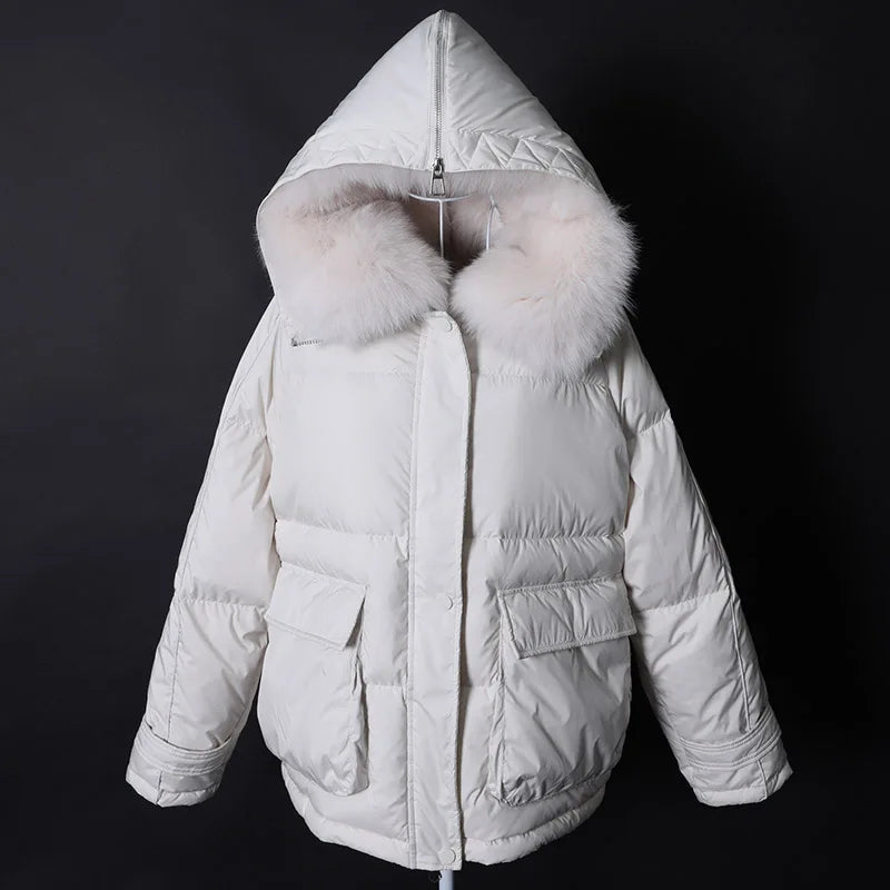 Maomaokong loose Real Fox Fur Collar 2024 White Duck Down Jacket Women Winter Luxury Puffer Coat Oversize Feather Outwear
