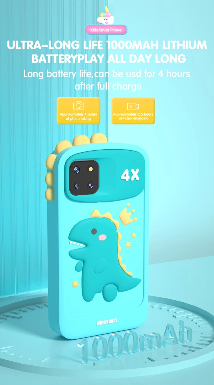Phone case with dinosaur design and battery information on a light blue background