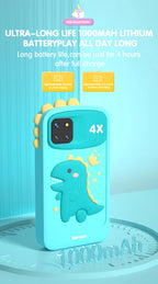 Phone case with dinosaur design and battery information on a light blue background
