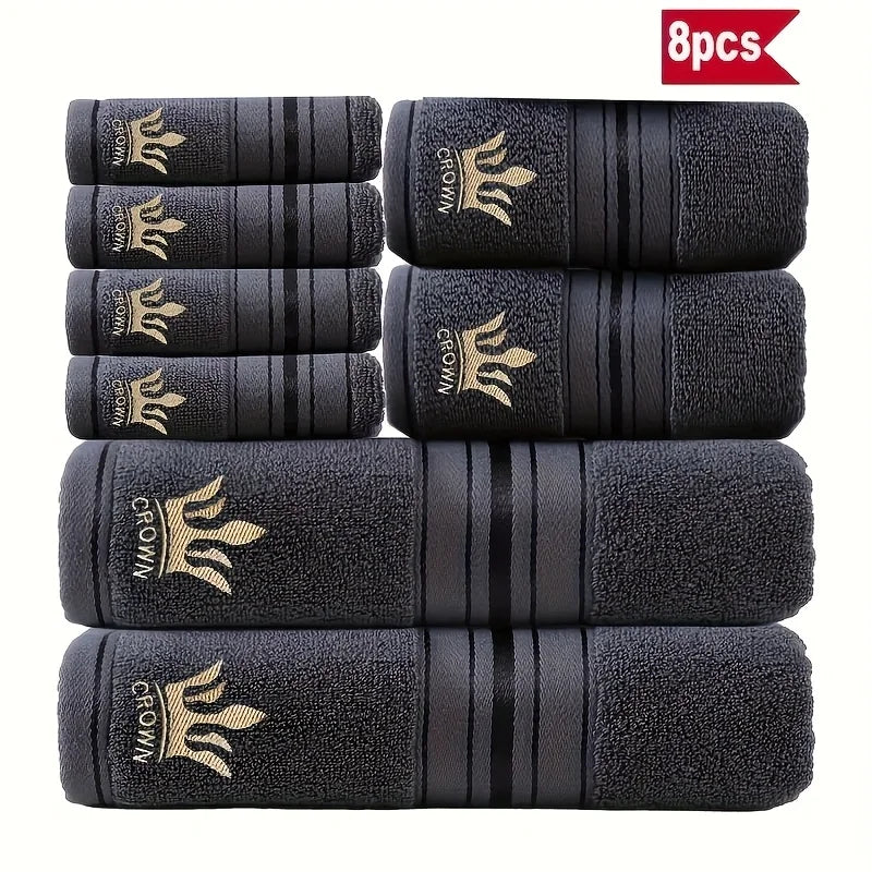 8-Piece Luxury Cotton Towel Set - 2 Bath Towels, 2 Hand Towels & 4 Washcloths, Light Beige with Crown Embroidery