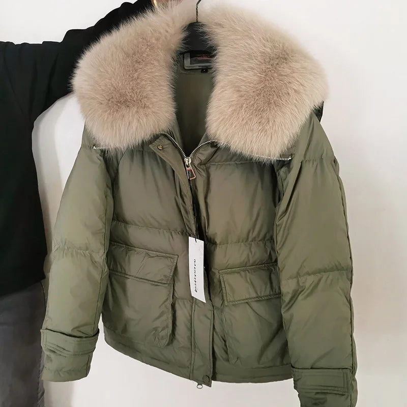 Maomaokong loose Real Fox Fur Collar 2024 White Duck Down Jacket Women Winter Luxury Puffer Coat Oversize Feather Outwear