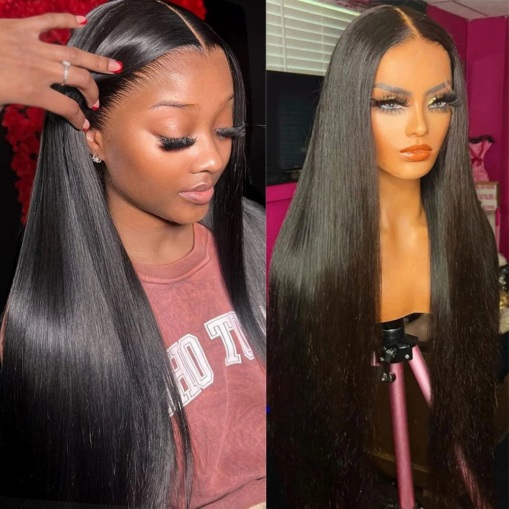 Side-by-side comparison of a person with long hair and a mannequin head with long hair.
