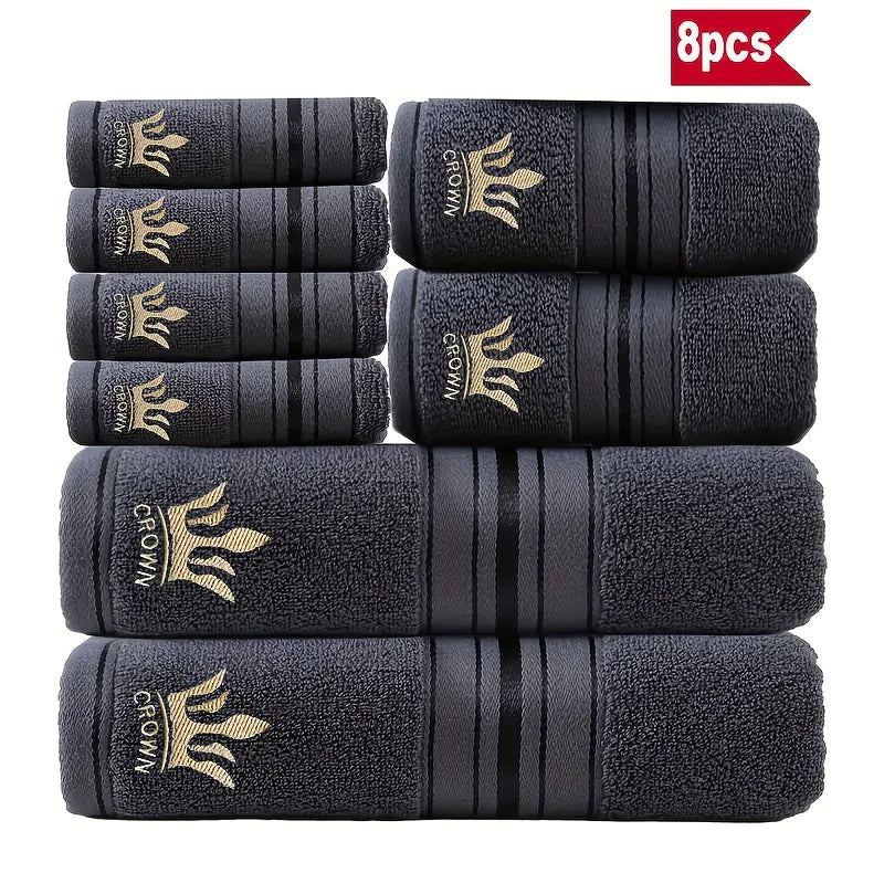 8-Piece Luxury Cotton Towel Set - 2 Bath Towels, 2 Hand Towels & 4 Washcloths, Light Beige with Crown Embroidery