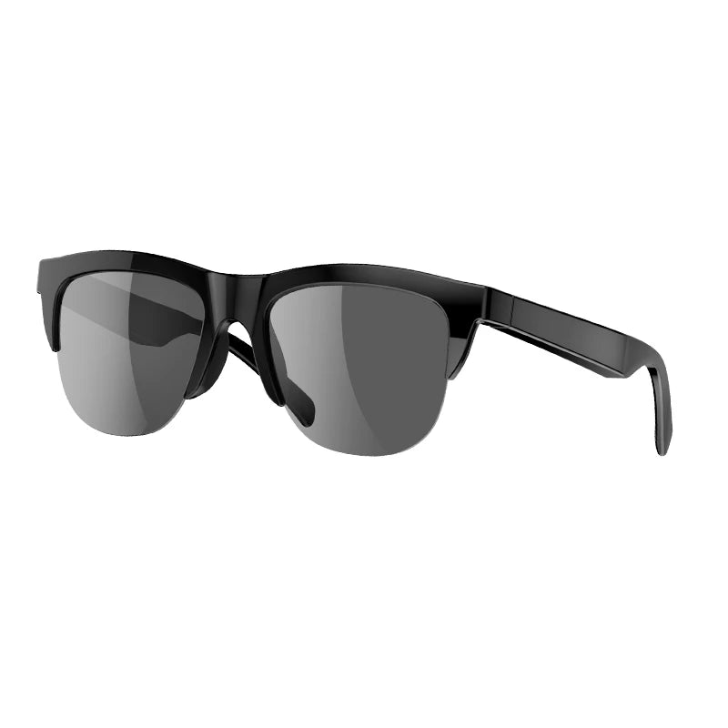 Black sunglasses with reflective lenses on a white background