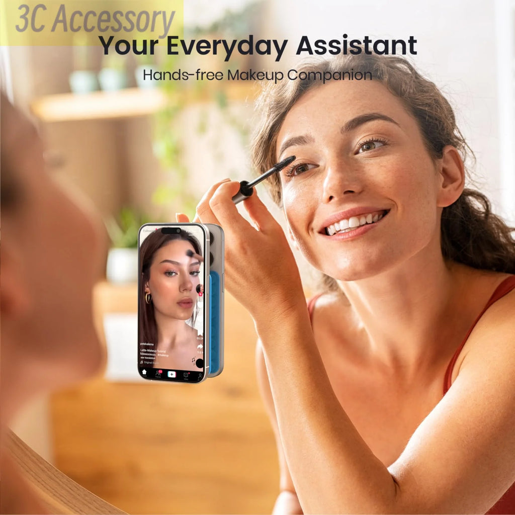Woman applying makeup with a smartphone displaying a mirror reflection, labeled '3C Accessory Your Everyday Assistant'.