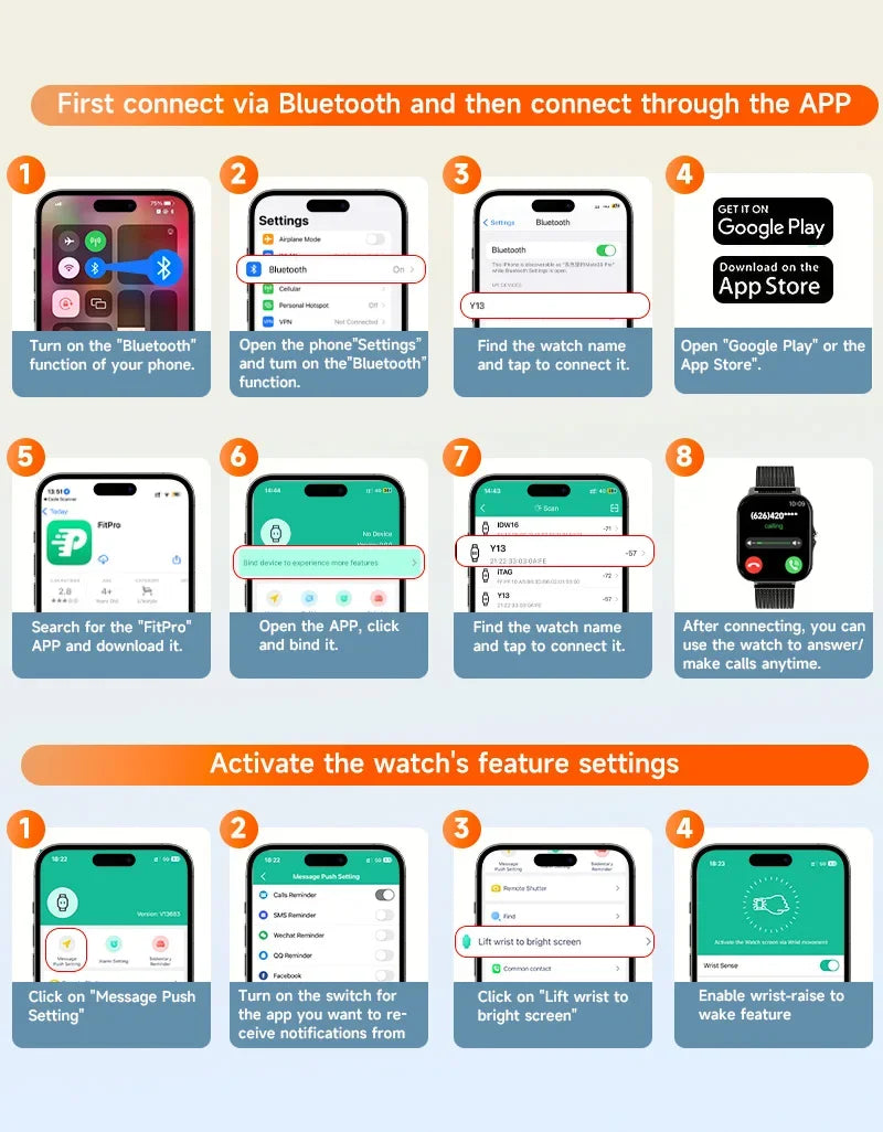 Step-by-step guide on connecting a smartwatch via Bluetooth and app on a smartphone.
