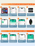 Step-by-step guide on connecting a smartwatch via Bluetooth and app on a smartphone.