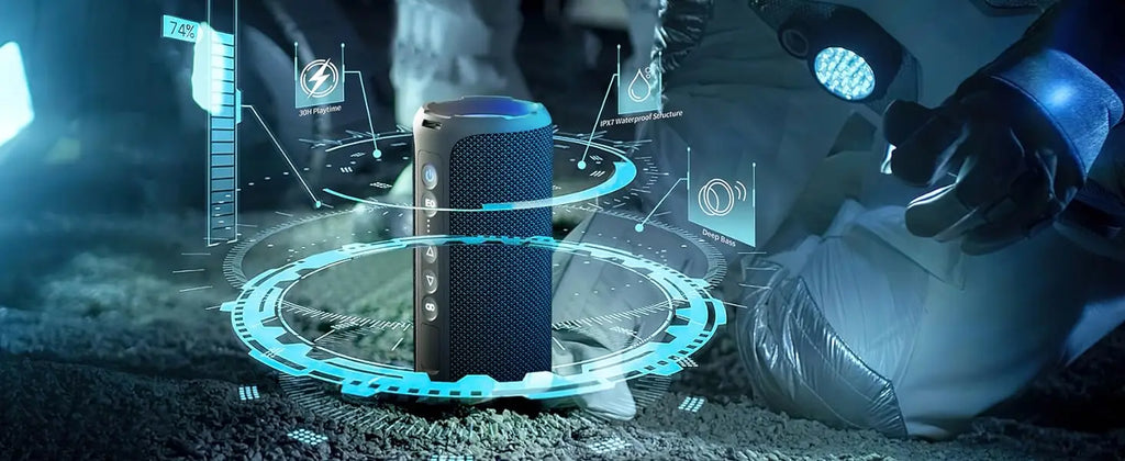 Black cylindrical device on a circular platform with futuristic design elements