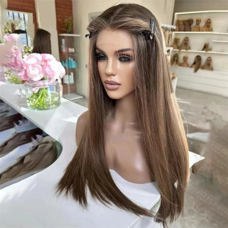 Mannequin head with long brown hair in a salon setting