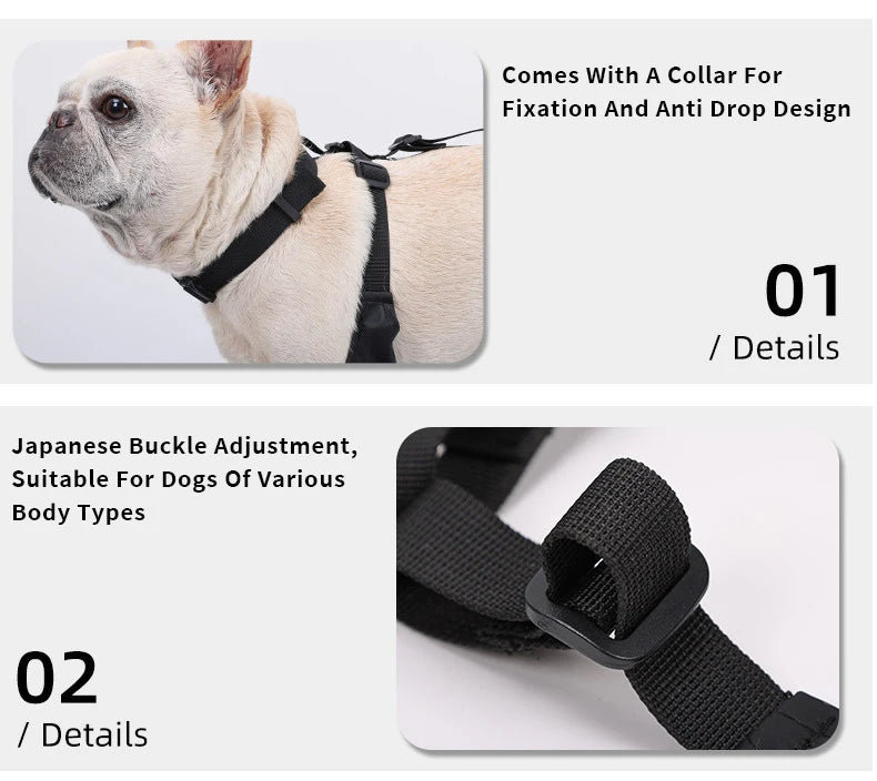 Dog harness with Japanese buckle adjustment and anti-drop design, featuring a white dog wearing the harness.