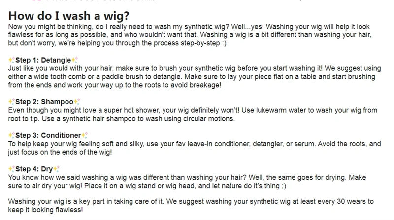 Instructions on how to wash a synthetic wig with text on a white background