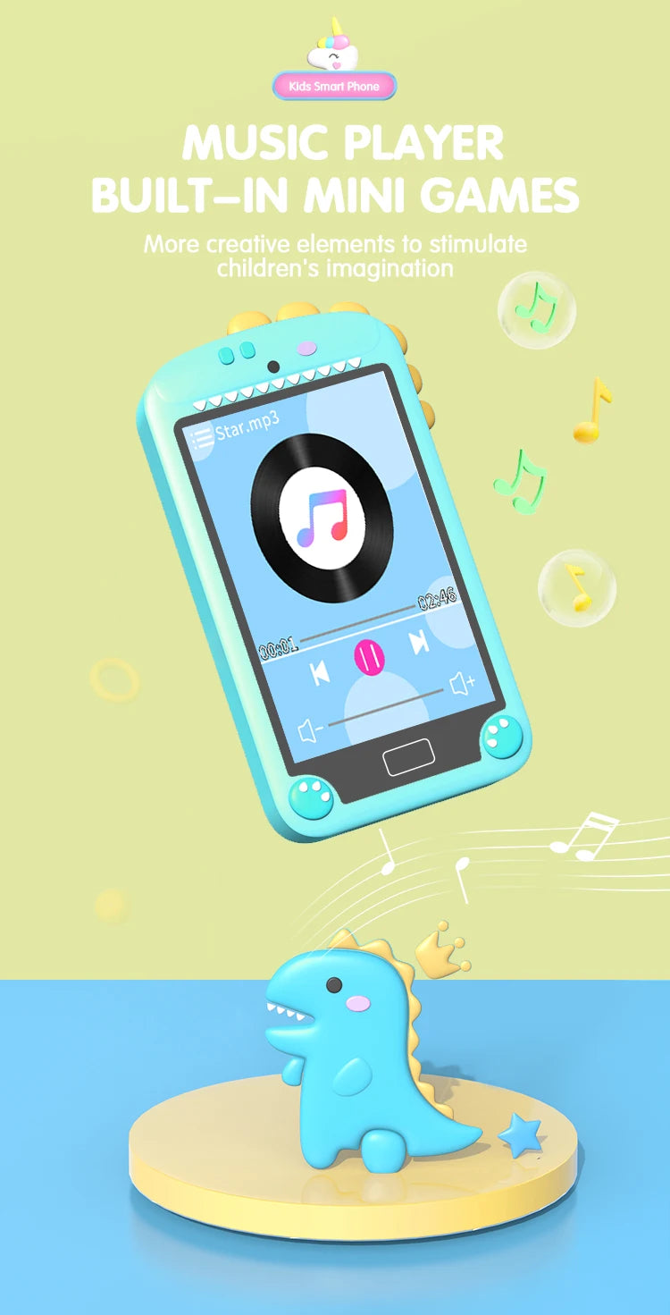 Children's toy music player with mini games on a green and blue gradient background