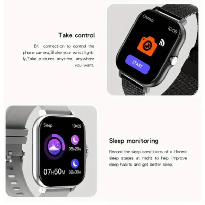 Smartwatch with camera and sleep monitoring features on a white background