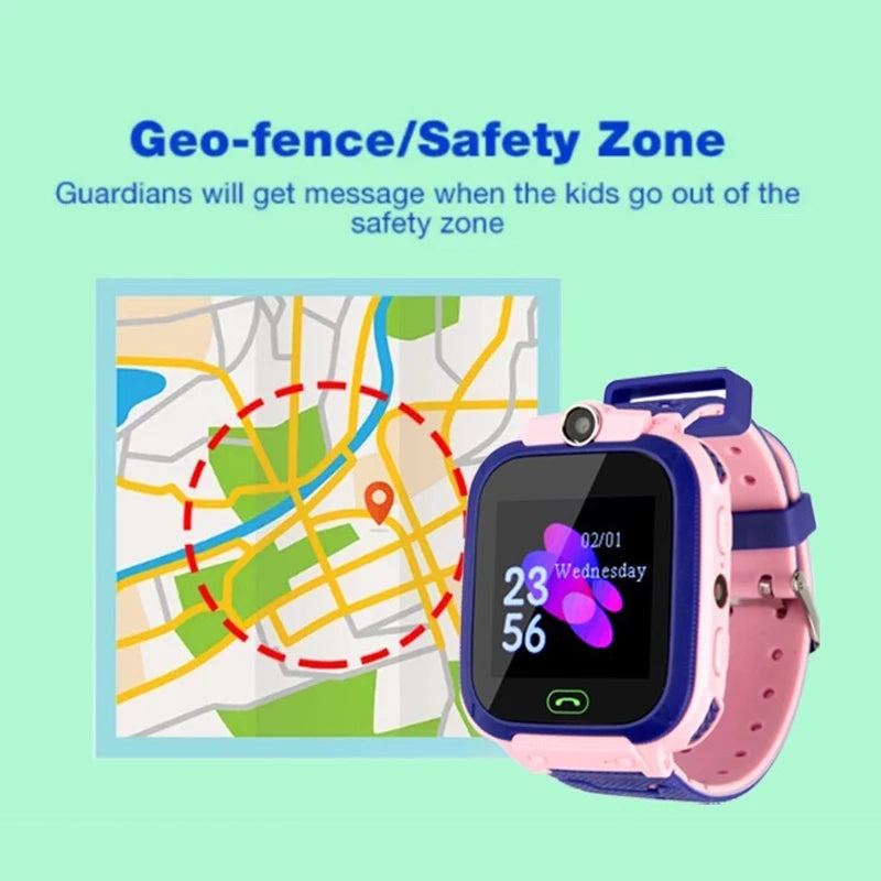 Smartwatch with pink band and blue case on a light green background, featuring text about geo-fence/safety zone.