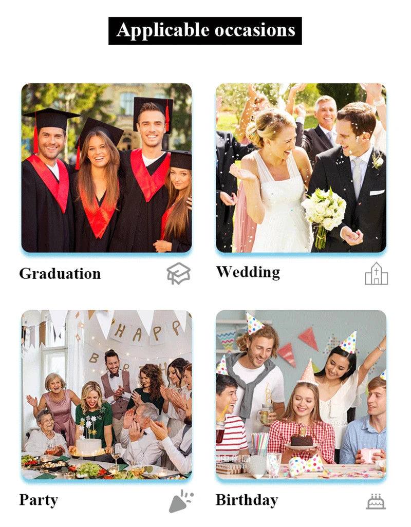 Images of graduation, wedding, party, and birthday celebrations with text indicating applicable occasions.