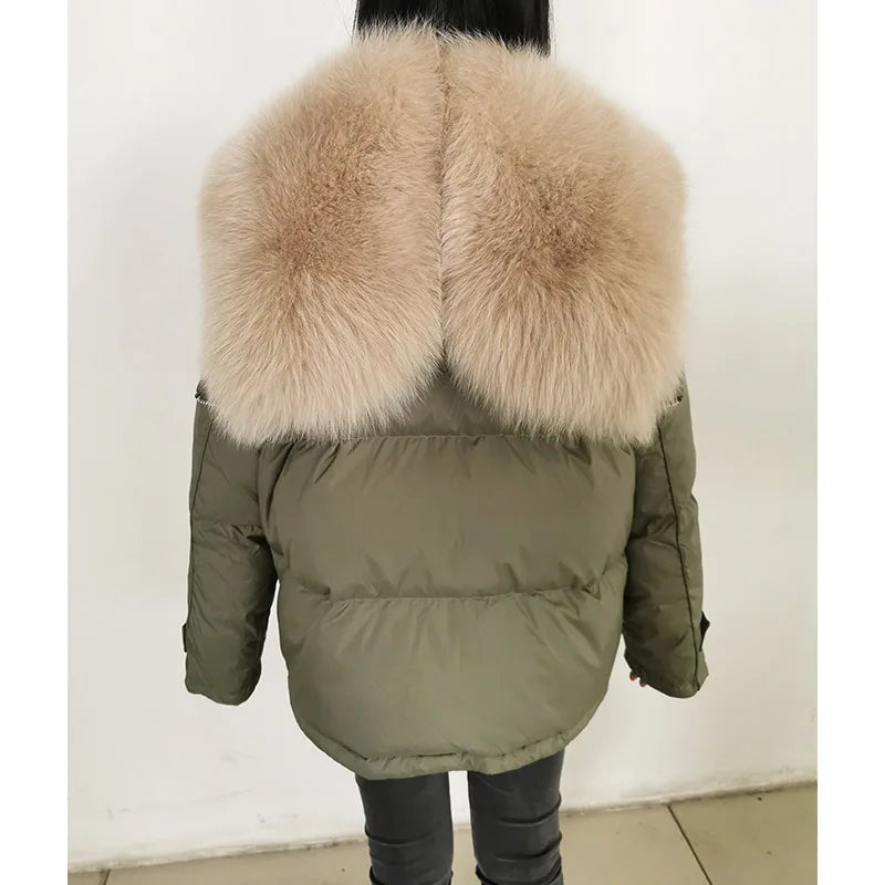 Maomaokong loose Real Fox Fur Collar 2024 White Duck Down Jacket Women Winter Luxury Puffer Coat Oversize Feather Outwear