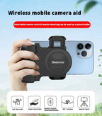 Hand holding a wireless mobile camera aid with smartphone attachment, featuring Desiantal branding.