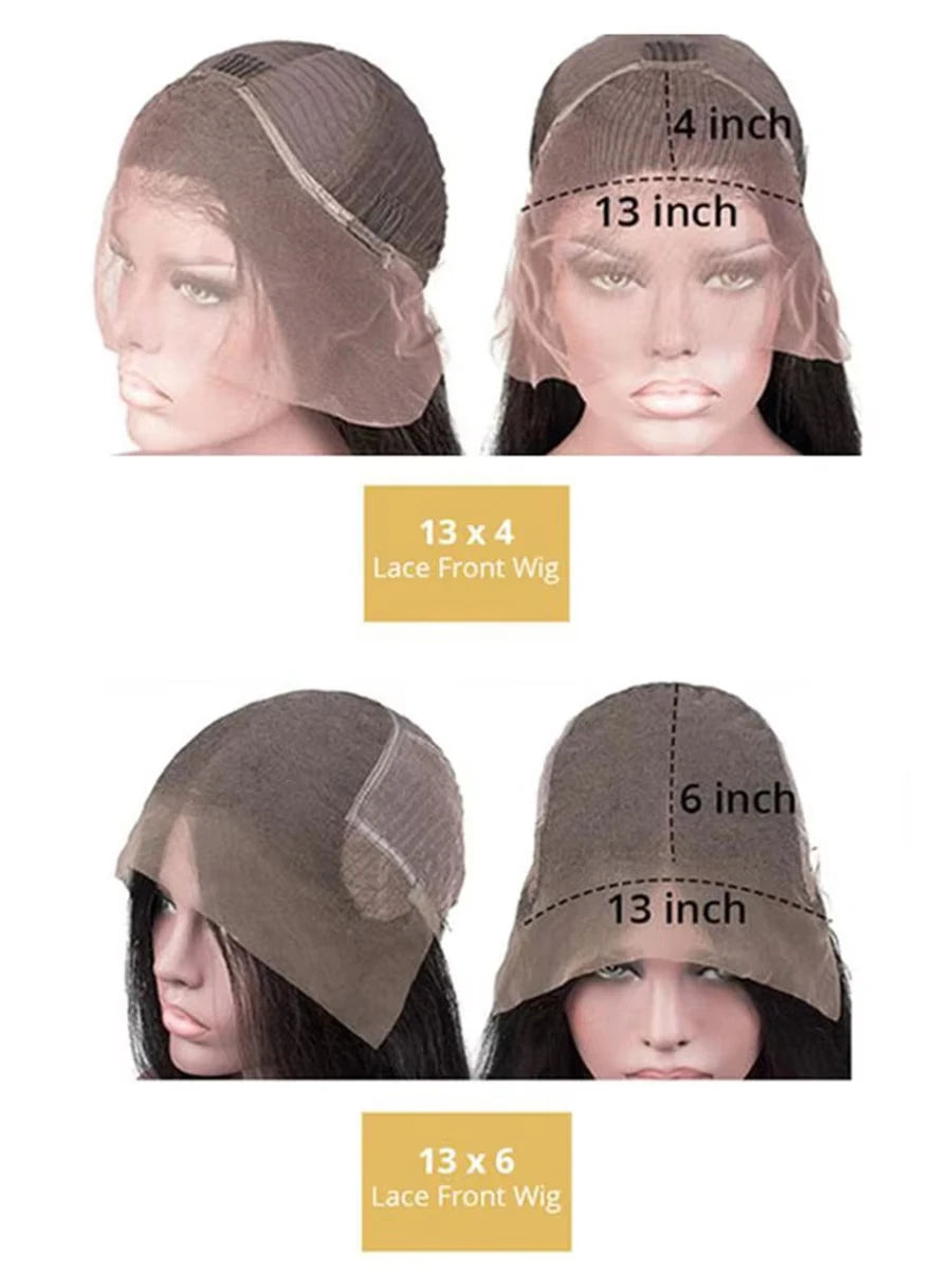 Wig measurements shown on mannequin heads with labels indicating '13 x 4', '13 x 6', and '6 inch'.