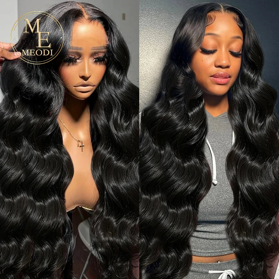 Two views of a woman with long black wavy hair, one on a mannequin and one on a person, with ME MEODI branding.