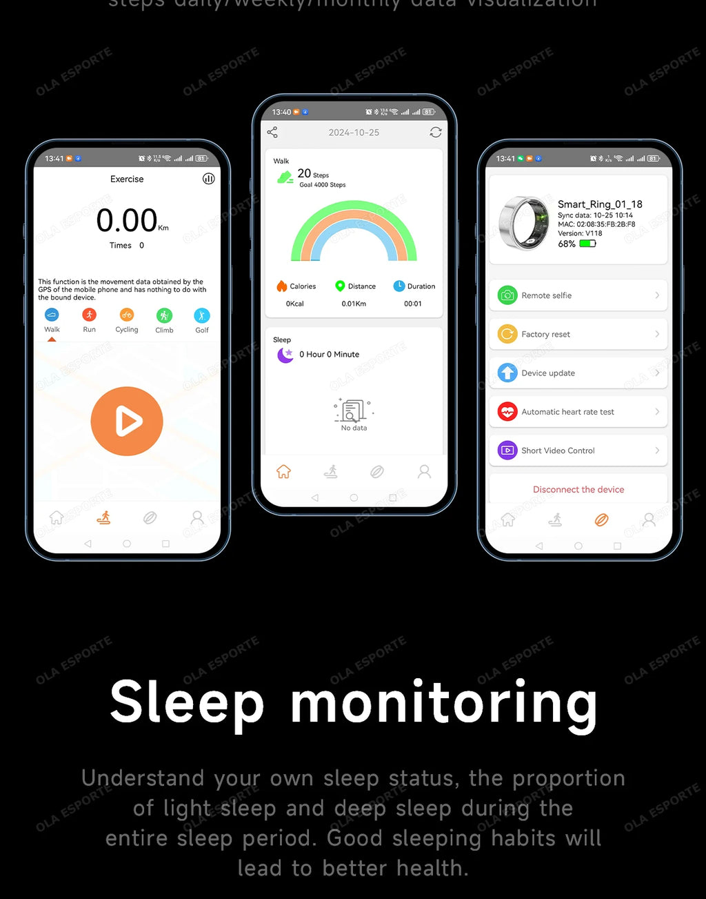 Three smartphone screens displaying sleep monitoring apps with text about understanding sleep status.
