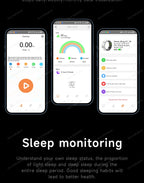 Three smartphone screens displaying sleep monitoring apps with text about understanding sleep status.