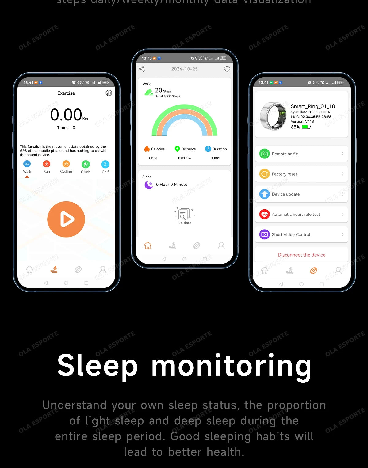 Three smartphone screens displaying sleep monitoring apps with text about understanding sleep status.