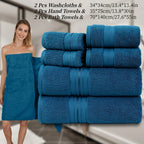 Set of blue towels with dimensions and a woman wrapped in a towel.