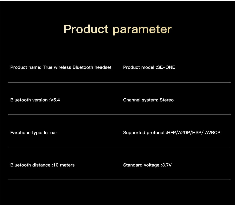 Product parameter card for True wireless Bluetooth headset with details on Bluetooth version, earphone type, and distance.