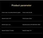 Product parameter card for True wireless Bluetooth headset with details on Bluetooth version, earphone type, and distance.