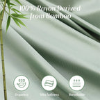 Green fabric with bamboo leaves and text indicating 100% rayon derived from bamboo, along with icons for eco-friendliness, softness, and breathability.