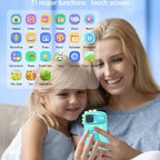 Woman and child holding a phone with app icons displayed on a blue background