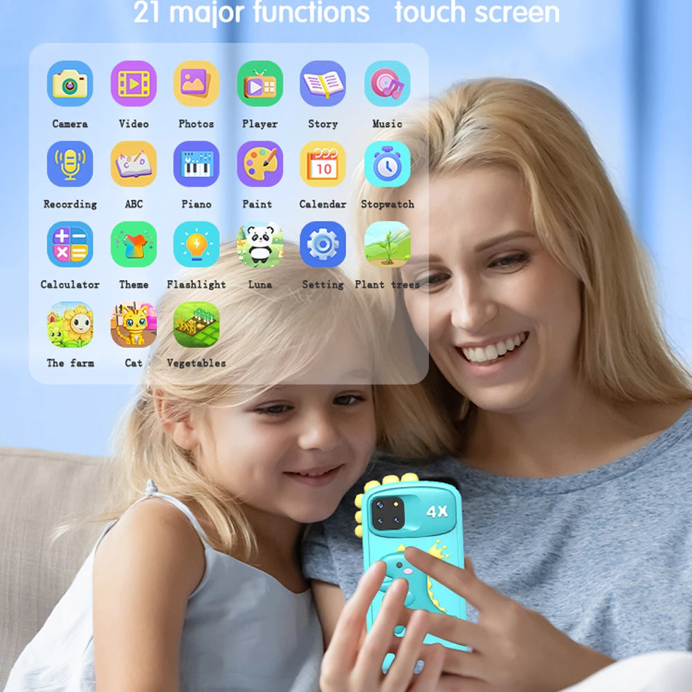 Woman and child holding a phone with app icons displayed on a blue background