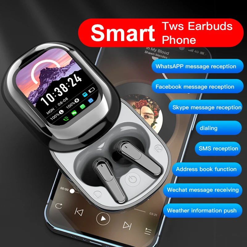 Smart phone with earbuds and additional features listed on a dark background