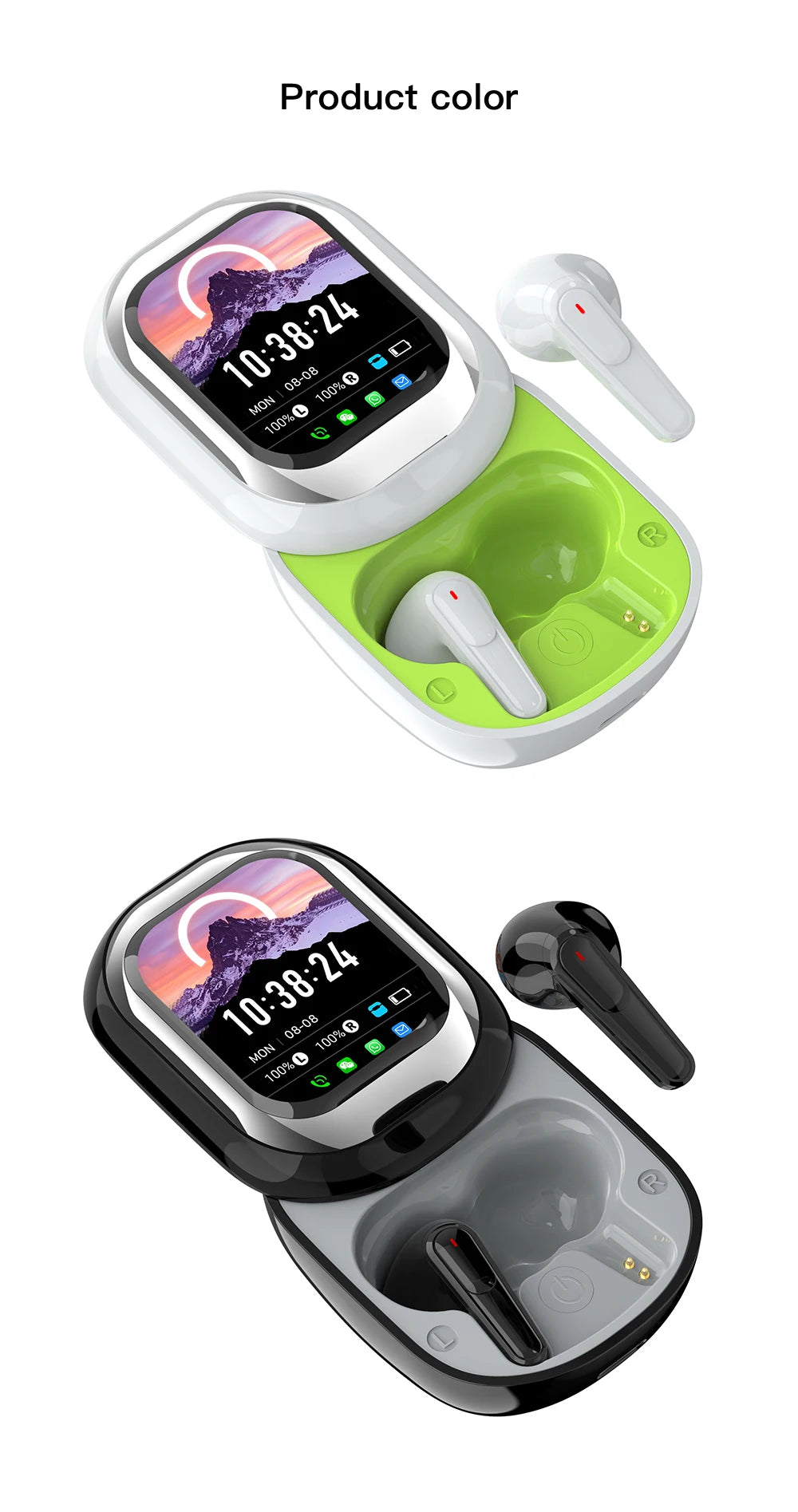 Two smartwatches with earbuds in a charging case on a white background