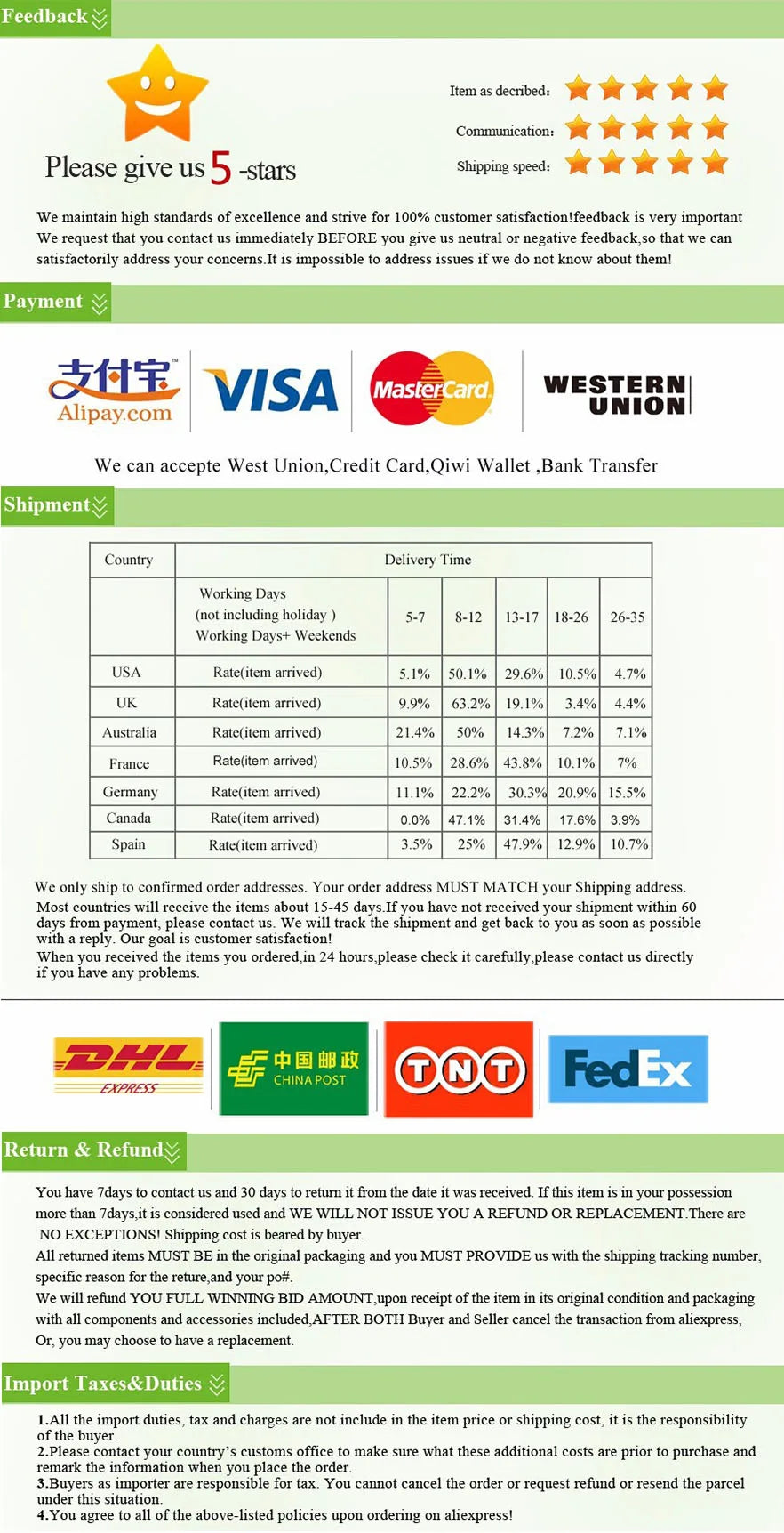 Payment methods and delivery time information on a website interface.