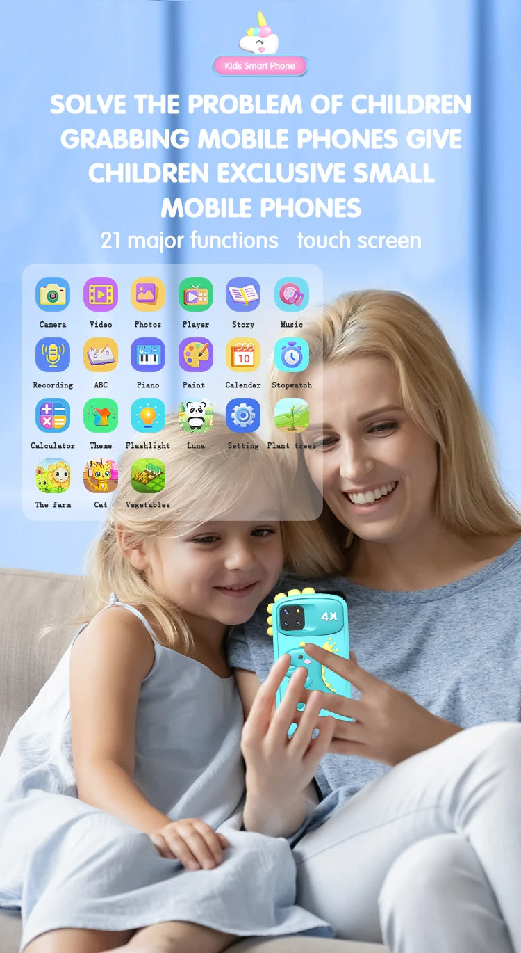 Woman and child holding a toy phone with app icons displayed on a blue background