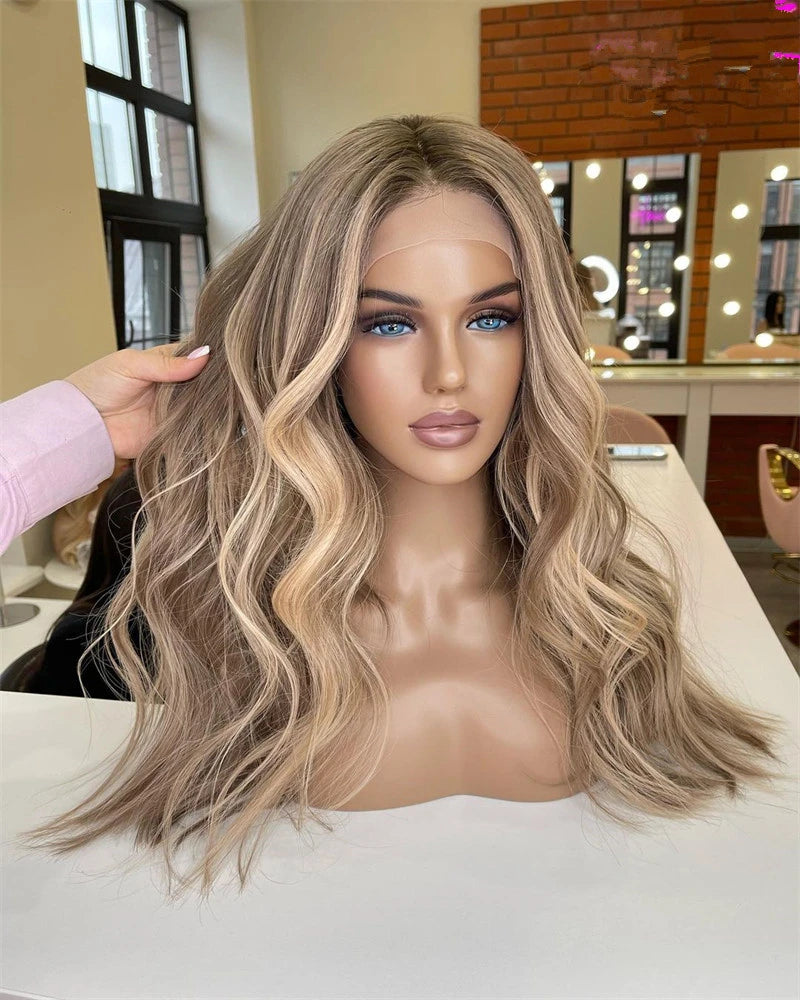 Blonde wig on a mannequin head with salon setting in the background